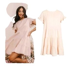 Rachel Parcell Oversized Babydoll Ruffle Cotton Polka Dot Pink Sleeve Mini